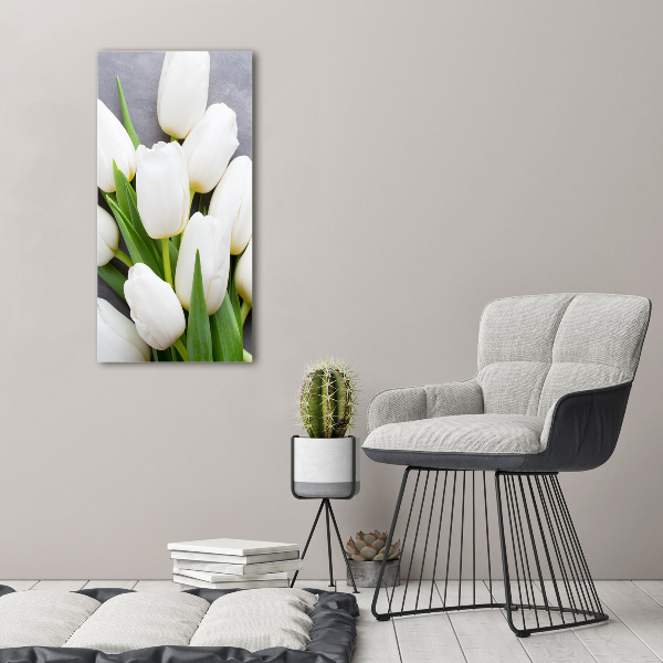 Fotocuadro de cristal elegante para hogar vertical tulipanes blancos