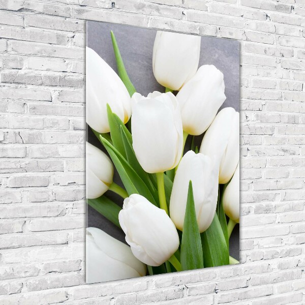 Fotocuadro de cristal elegante para hogar vertical tulipanes blancos