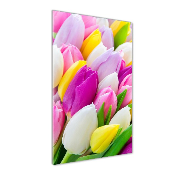 Cuadro decorativo en cristal con canto pulido vertical tulipanes coloridos