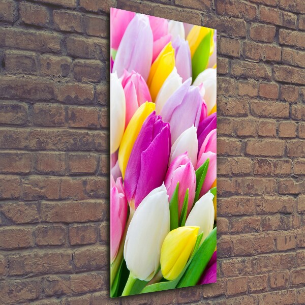 Cuadro decorativo en cristal con canto pulido vertical tulipanes coloridos