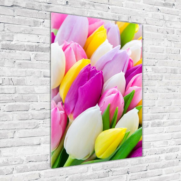 Cuadro decorativo en cristal con canto pulido vertical tulipanes coloridos