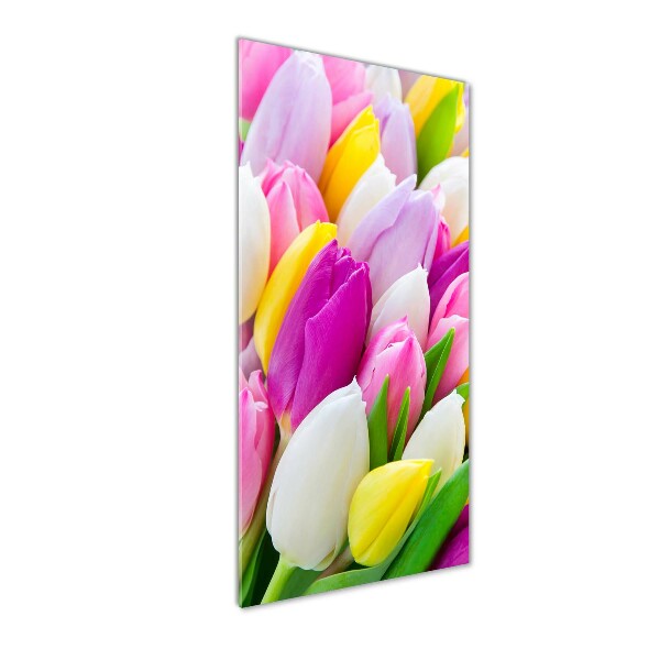 Cuadro decorativo en cristal con canto pulido vertical tulipanes coloridos