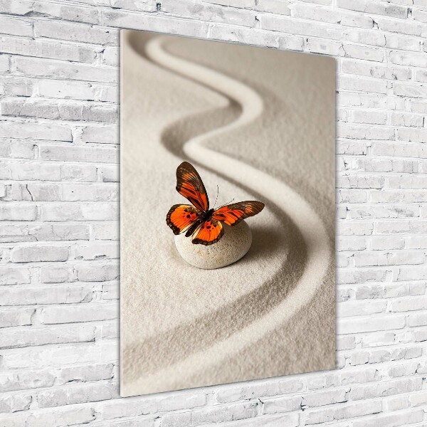 Cuadro decorativo en cristal con canto pulido vertical Piedra zen y mariposa