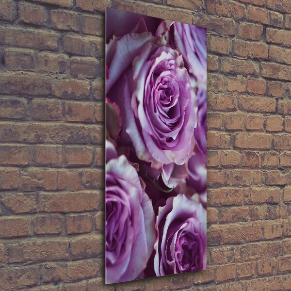 Cuadro decorativo en cristal con canto pulido vertical Rosas moradas