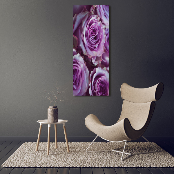 Cuadro decorativo en cristal con canto pulido vertical Rosas moradas