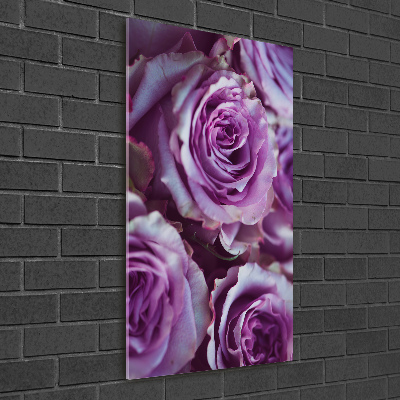 Cuadro decorativo en cristal con canto pulido vertical Rosas moradas