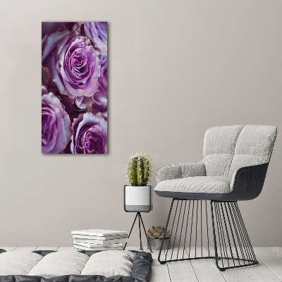 Cuadro decorativo en cristal con canto pulido vertical Rosas moradas