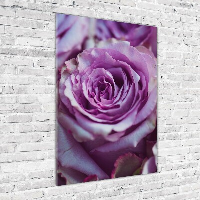 Cuadro decorativo en cristal con canto pulido vertical Rosas moradas