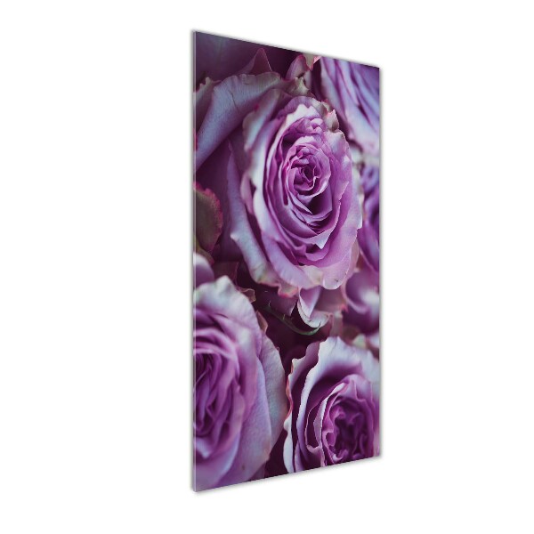 Cuadro decorativo en cristal con canto pulido vertical Rosas moradas