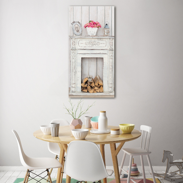 Cuadro de cristal moderno efecto brillo vertical Chimenea de madera