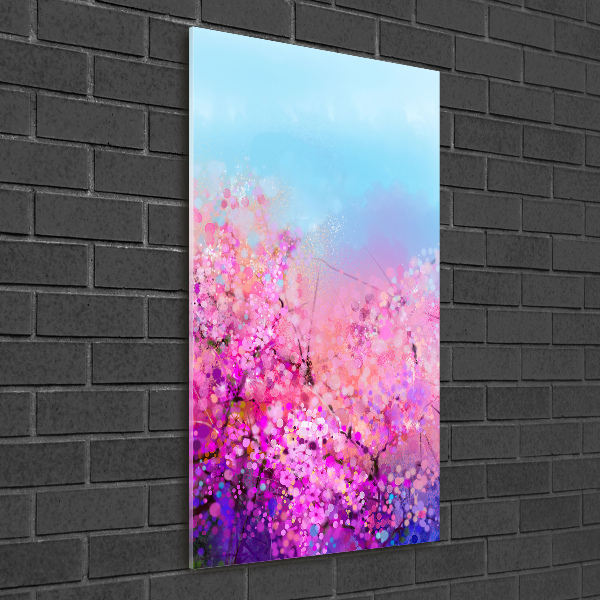 Cuadro de cristal moderno efecto brillo vertical flores de cerezo