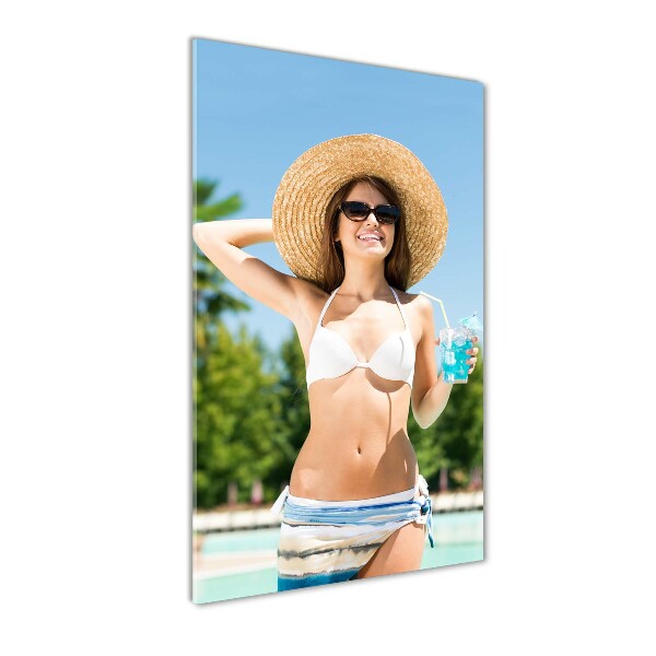 Cuadro de cristal moderno efecto brillo vertical Mujer junto a la piscina