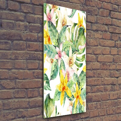 Cuadro decorativo en cristal con canto pulido vertical flores tropicales