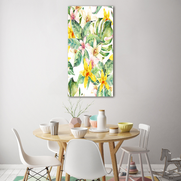 Cuadro decorativo en cristal con canto pulido vertical flores tropicales