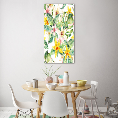 Cuadro decorativo en cristal con canto pulido vertical flores tropicales