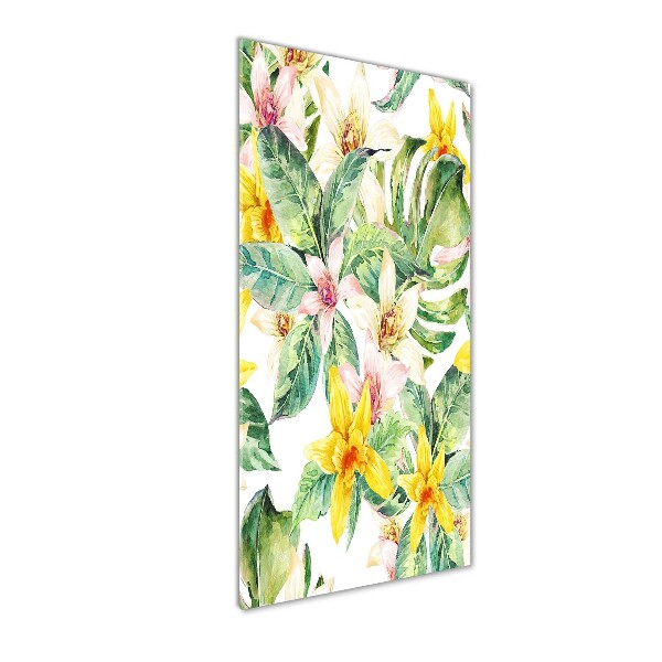 Cuadro decorativo en cristal con canto pulido vertical flores tropicales