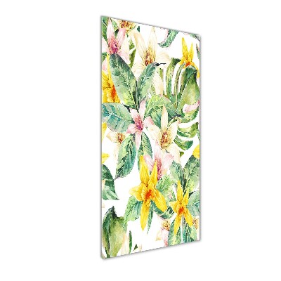 Cuadro decorativo en cristal con canto pulido vertical flores tropicales