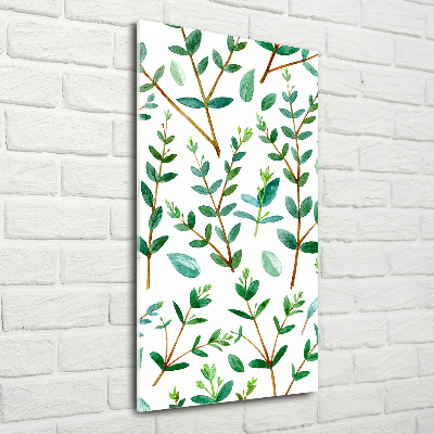 Cuadro decorativo en cristal con canto pulido vertical ramas de eucalipto