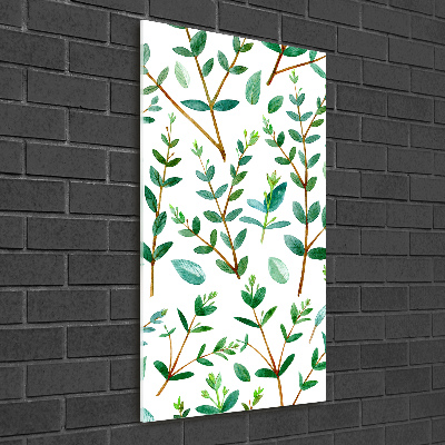 Cuadro decorativo en cristal con canto pulido vertical ramas de eucalipto