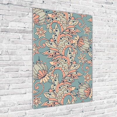 Cuadro de cristal moderno efecto brillo vertical flores étnicas