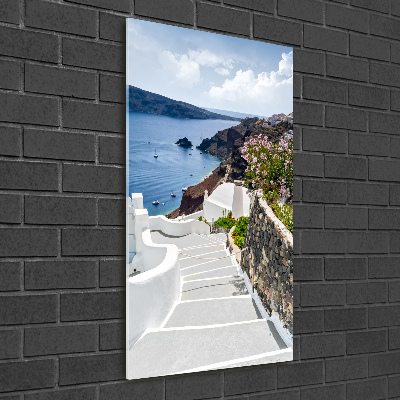 Cuadro de cristal moderno efecto brillo vertical Santorini, Grecia