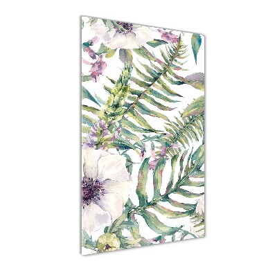 Cuadro decorativo en cristal con canto pulido vertical hojas tropicales