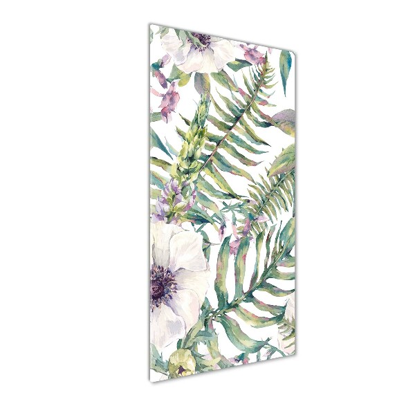 Cuadro decorativo en cristal con canto pulido vertical hojas tropicales