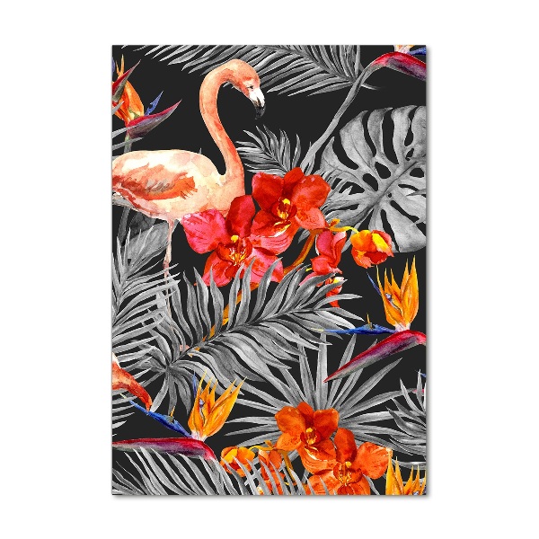 Cuadro decorativo en cristal con canto pulido vertical Flamencos y flores