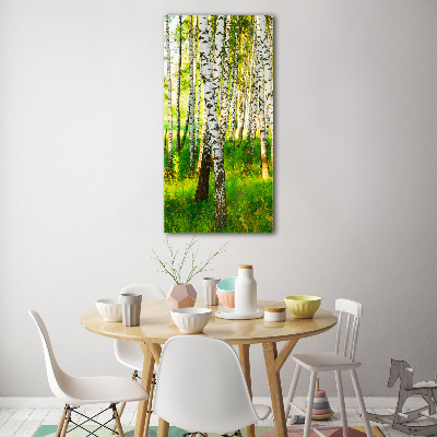 Cuadro decorativo en cristal con canto pulido vertical bosque de abedules