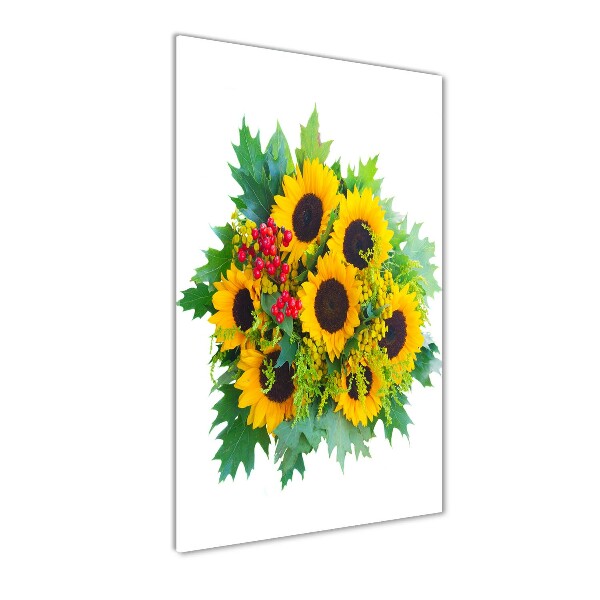Cuadro decorativo en cristal con canto pulido vertical Un ramo de girasoles