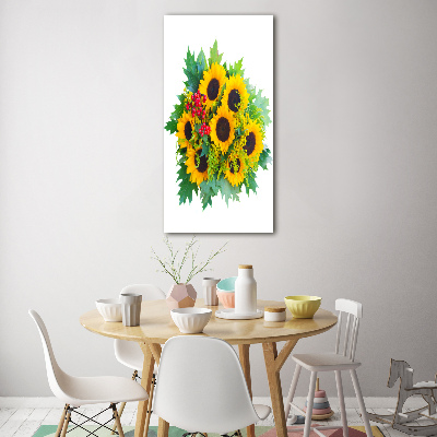 Cuadro decorativo en cristal con canto pulido vertical Un ramo de girasoles