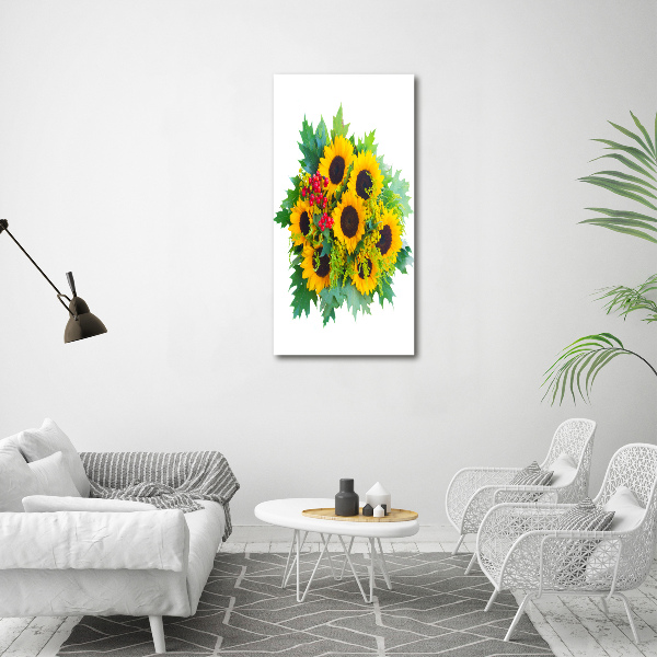 Cuadro decorativo en cristal con canto pulido vertical Un ramo de girasoles