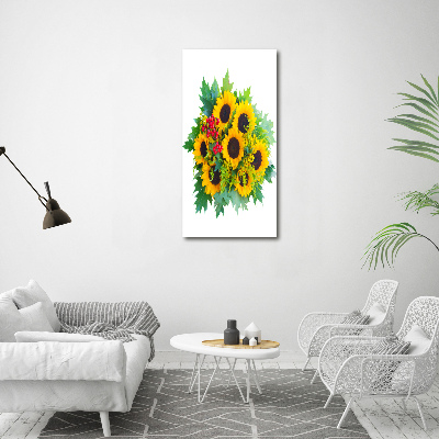 Cuadro decorativo en cristal con canto pulido vertical Un ramo de girasoles