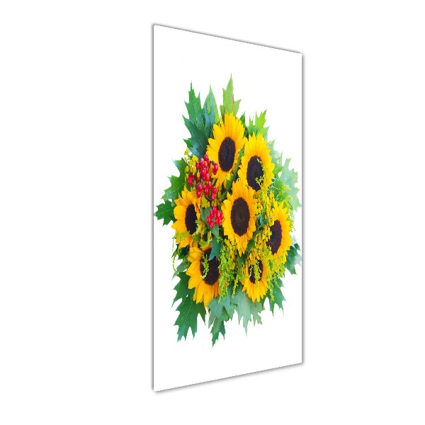 Cuadro decorativo en cristal con canto pulido vertical Un ramo de girasoles