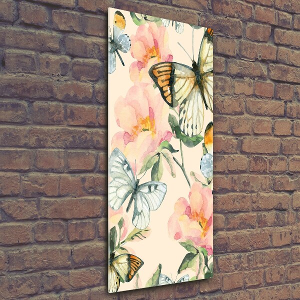 Fotocuadro de cristal elegante para hogar vertical Rosas y mariposas