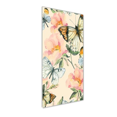 Fotocuadro de cristal elegante para hogar vertical Rosas y mariposas