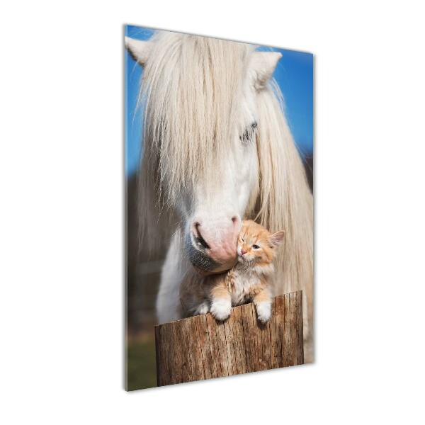 Cuadro de vidrio templado 4mm para pared vertical Caballo blanco con un gato