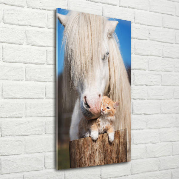 Cuadro de vidrio templado 4mm para pared vertical Caballo blanco con un gato