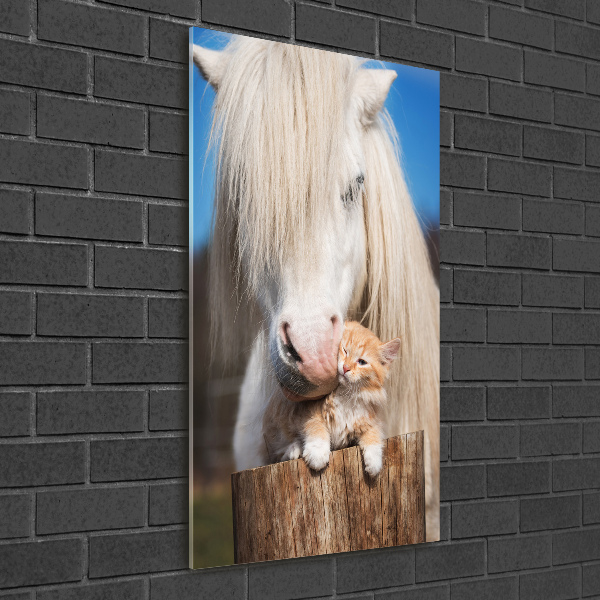 Cuadro de vidrio templado 4mm para pared vertical Caballo blanco con un gato