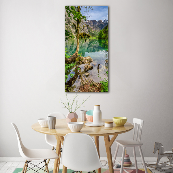 Fotocuadro de cristal elegante para hogar vertical Lago en las montañas