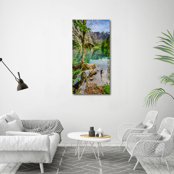 Fotocuadro de cristal elegante para hogar vertical Lago en las montañas