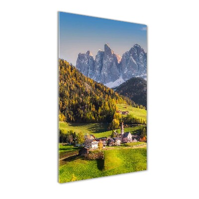 Cuadro de cristal moderno efecto brillo vertical Un pueblo en las montañas
