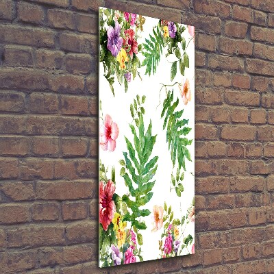 Cuadro de cristal moderno efecto brillo vertical flores tropicales