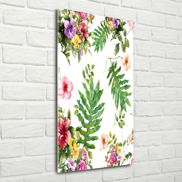 Cuadro de cristal moderno efecto brillo vertical flores tropicales