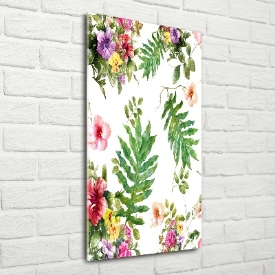 Cuadro de cristal moderno efecto brillo vertical flores tropicales