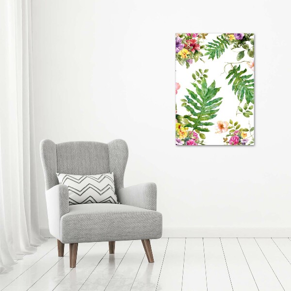 Cuadro de cristal moderno efecto brillo vertical flores tropicales