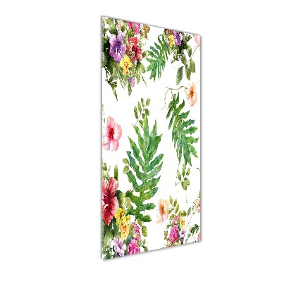 Cuadro de cristal moderno efecto brillo vertical flores tropicales