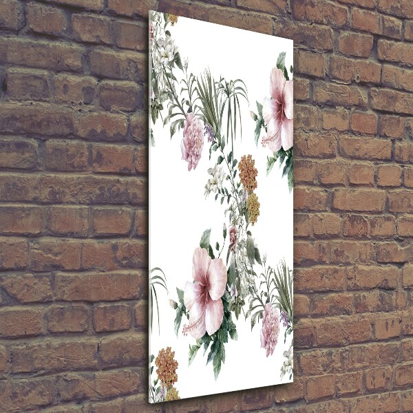 Cuadro decorativo en cristal con canto pulido vertical flores tropicales