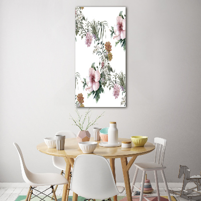 Cuadro decorativo en cristal con canto pulido vertical flores tropicales