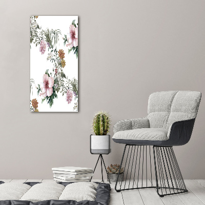 Cuadro decorativo en cristal con canto pulido vertical flores tropicales